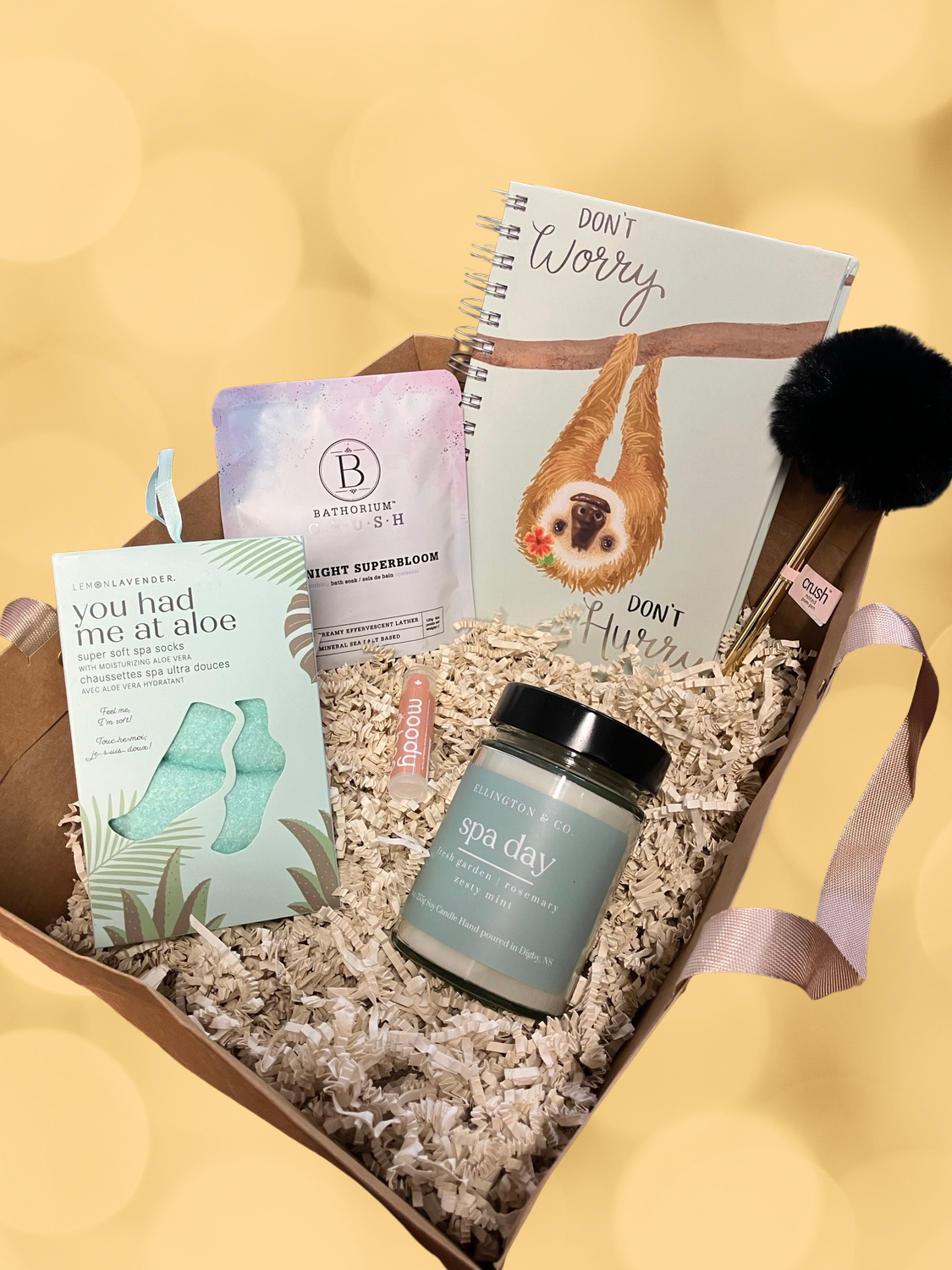 Curated Brighten Group comfort baskets and gift shop shelves